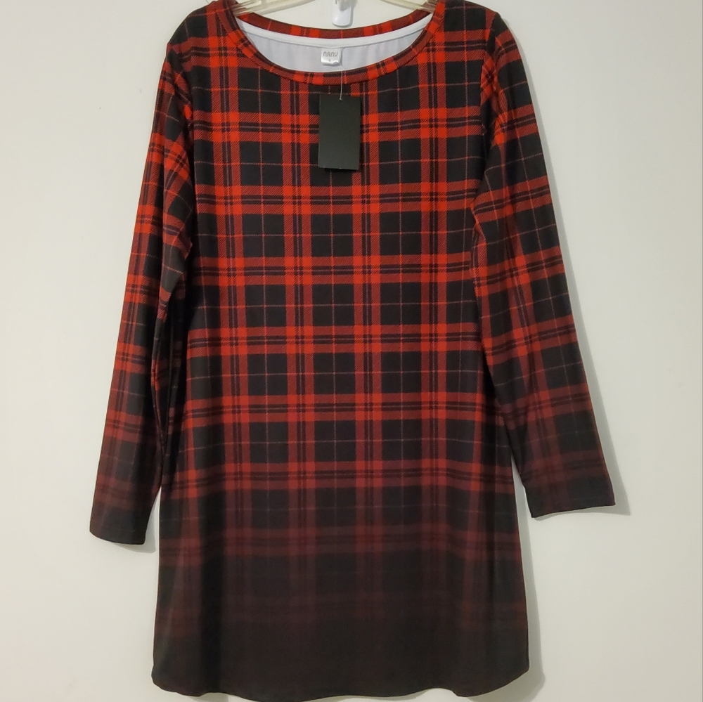 Nanu Tunic Plaid Red and Black Long Sleeves Midi Dress
